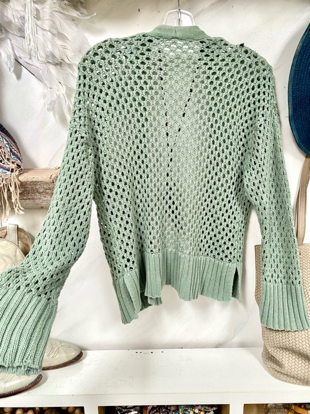 Mesh Sage green Semi sheer crochet/cover up boho Cardi w shabby chic beach vibe - Picture 12 of 15